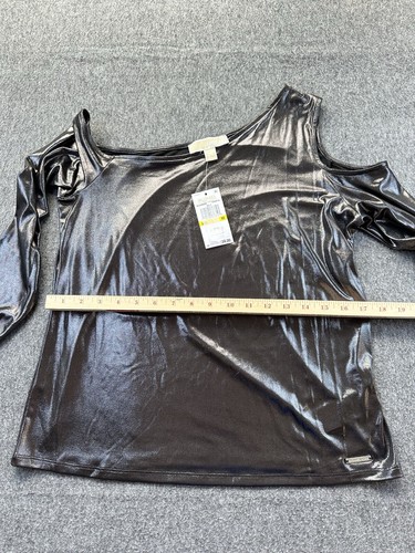Michael Kors Shirt Women Medium Gunmetal Metallic Foil Cold Shoulder Stretch New - Picture 6 of 12