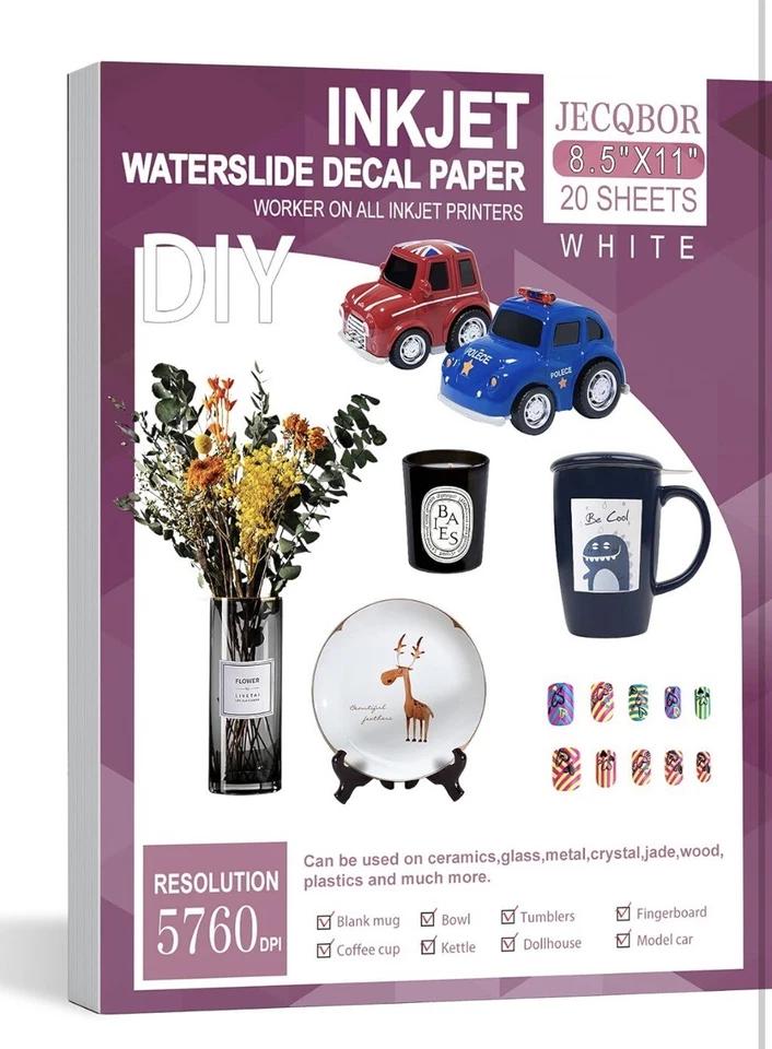 Waterslide Decal Paper Inkjet WHITE 20 Sheets 8.5x11 Water Slide Transfer Paper - Image 1 of 4
