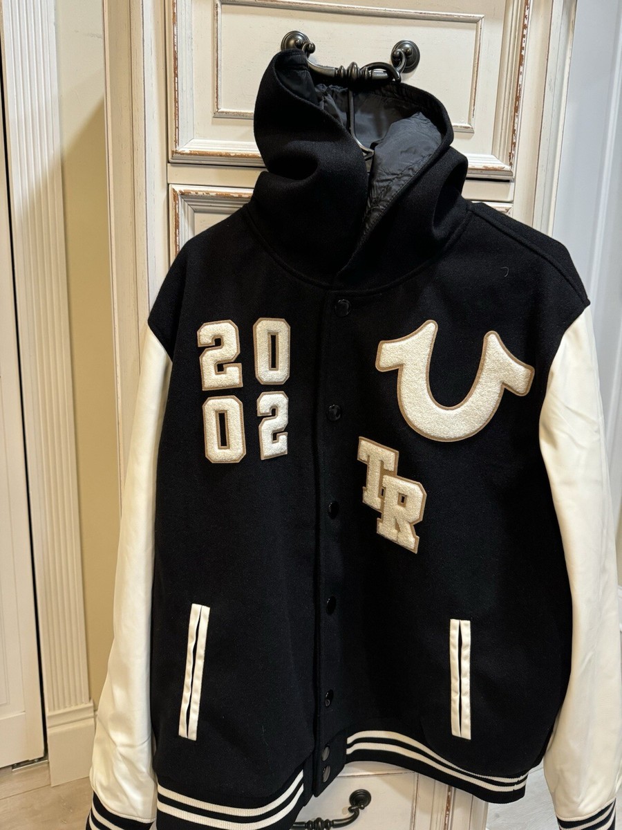 True Religion Men's Black & White Hooded Varsity Jacket Size XL