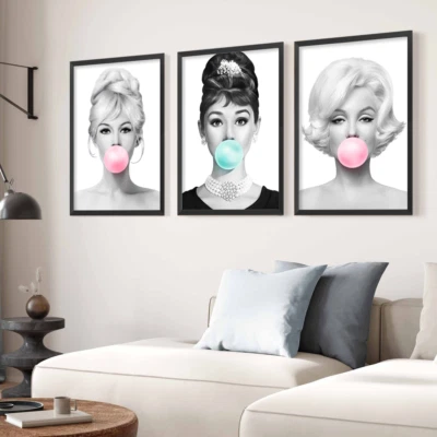 Audrey Hepburn Marilyn Monroe Brigitte Bardot Bubble-gum  Wall Art 3 Set Print - Image 1 of 4