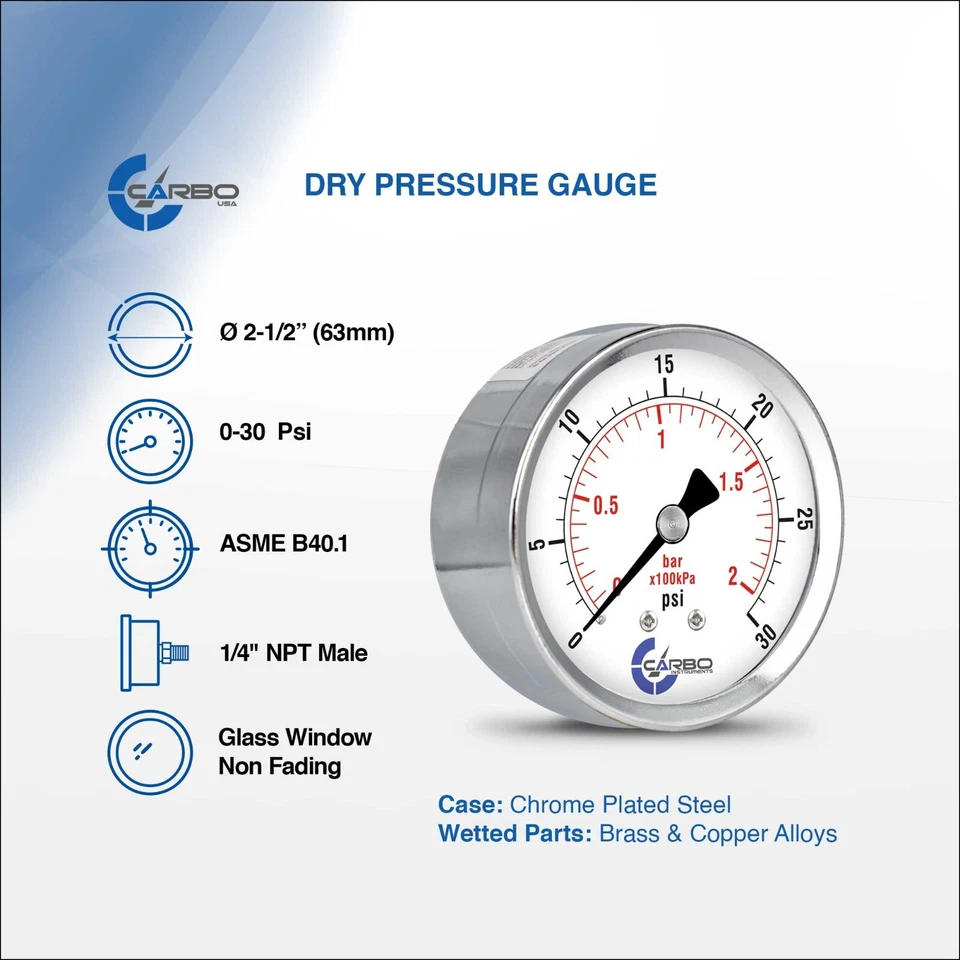 2-1/2" Pressure Gauge - Chrome Plated Steel Case, 1/4"NPT, Back Mnt. 30 PSI - Image 2 of 4