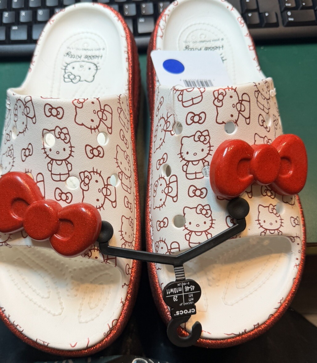 Hello Kitty Crocs Stomp Slides M9/W11 White Red Slip on