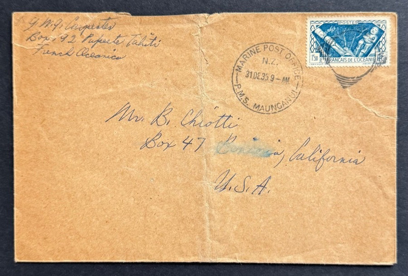 AtoZ. 1935 Marine P.O. New Zealand Paquebot French Polynesia Tahiti to USA
