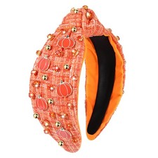 Thanksgiving Knotted Headband, Enamel Pumpkin, Crystal, Jeweled Tweed, Fall