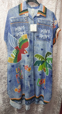 New Blue EAT LOVE PARADISE Palm Parrot Holiday Shirt Dress One Size 16-18-20