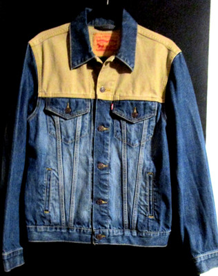 NEW~Levi Strauss Trucker Jean Jacket SZ M Two-Tone Tan Canvas Yolk/Blue Denim