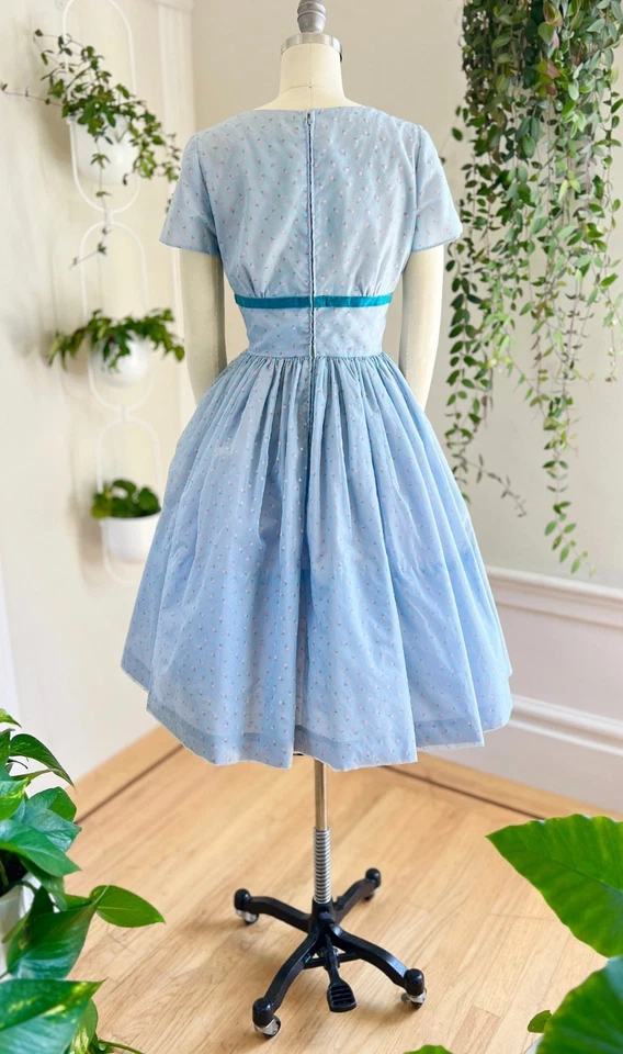 Vintage 1950s Dress | 50s Floral Flocked Chiffon Blue Fit and Flare Tea Party Dr - Image 4 of 4