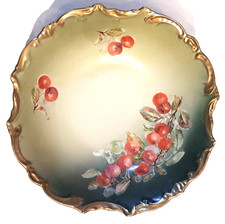 Antique Porcelain Serving Bowl Green Gilt Scalloped Rim Cherries Bone China Dish