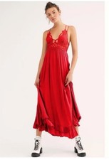 Free People Adella Maxi Dress Boho Crochet Lace Red Ruffle Smocked Festival XS