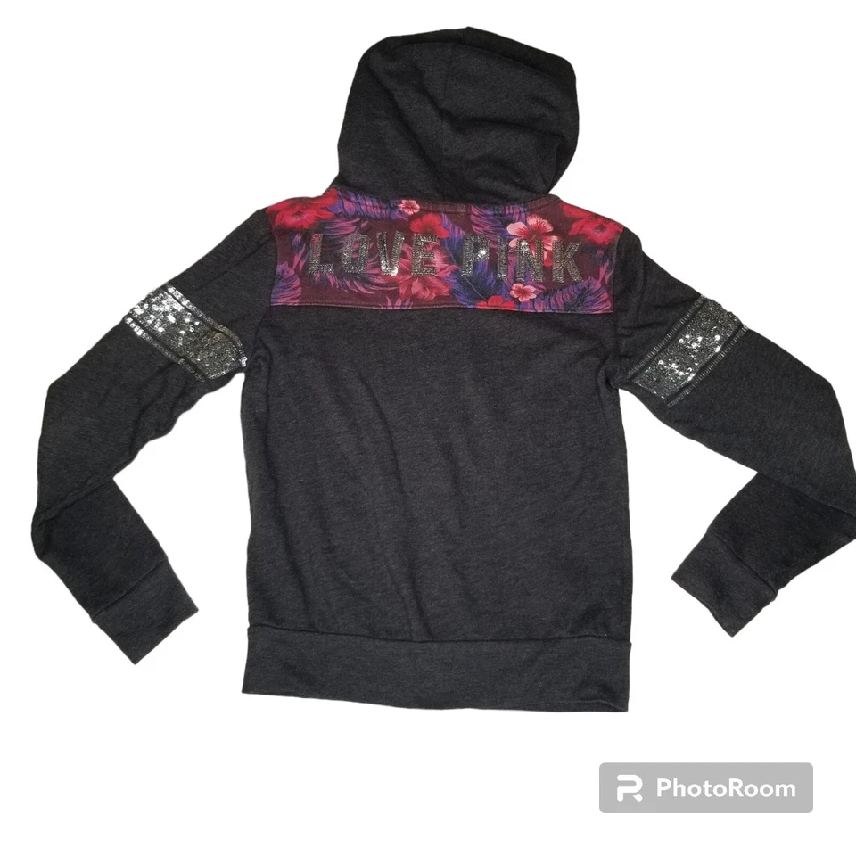 粉色 VS Victorias 秘密亮片闪亮连帽衫全拉链灰色花卉 XS y2k — 第 3/4 张图片
