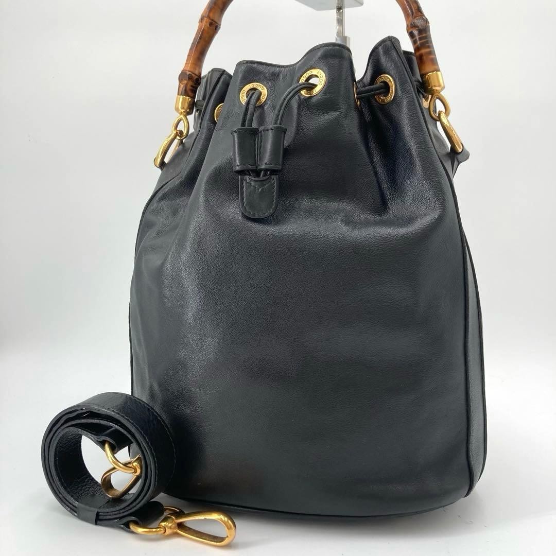 GUCCI Bamboo 2Way Leather Shoulder Bag Black Authentic Crossbody Handbag