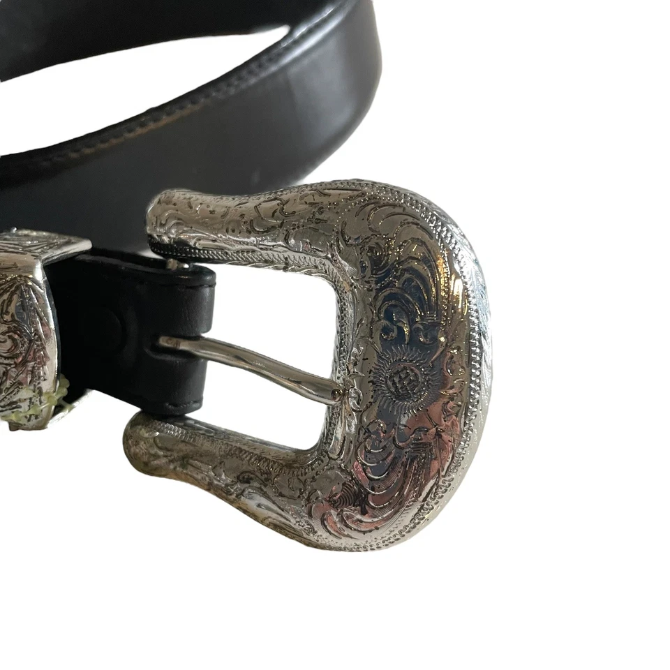 Cinto de couro Justin tamanho 32 1 3/8 preto tarugo duplo fivela de prata faroeste - Imagem 2 de 4