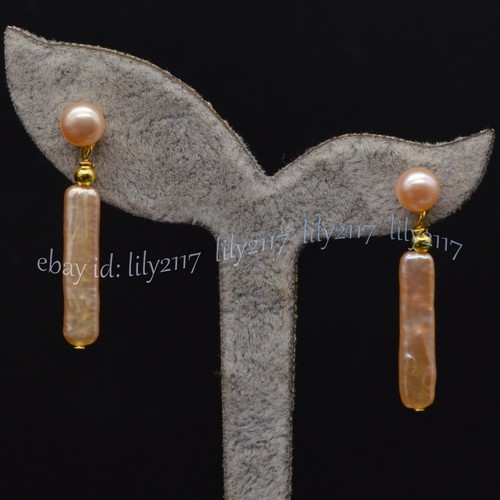 Natural Pink Freshwater Long Stick Rectangle Pearl Necklace Bracelet Earring Set - Picture 16 of 18