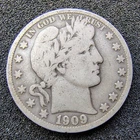 1909-S Barber Silver Half Dollar 50C - San Francisco - 90% Silver - VG-F Cond.