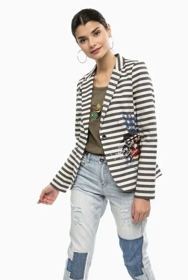 Chaqueta BLAZER 42 M NUEVA SIN ETIQUETAS DESIGUAL Algodón FLORAL Arte para Usar Estampado Firmado RAYAS Foto 2 de 4