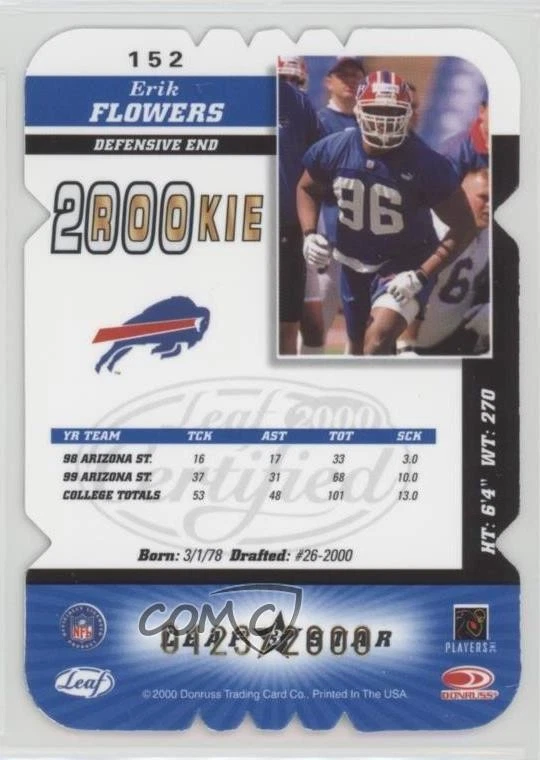 2000 Leaf Certified 2000 Rookie Rookie Die-Cut /2000 Erik Flowers #152 RC - Image 2 of 2