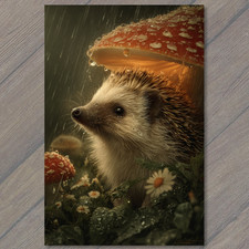 POSTCARD Cute Hedgehog Rain Mushroom Umbrella Whimsical Woodland Fantasy Night