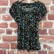 Style & Co Top Womens XL Black Multicolor Leaves Pleated Neck Tunic Shirt