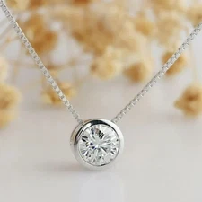 Round Bezel Set Lab Created Diamond Pendant Necklace 2CT 14K White Gold Plated