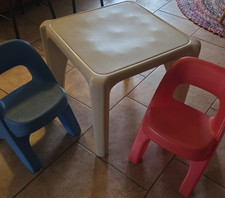 Step 2 Kids Plastic Square Play Table Set w/2 Chairs Gray Table Red/Blue Chairs