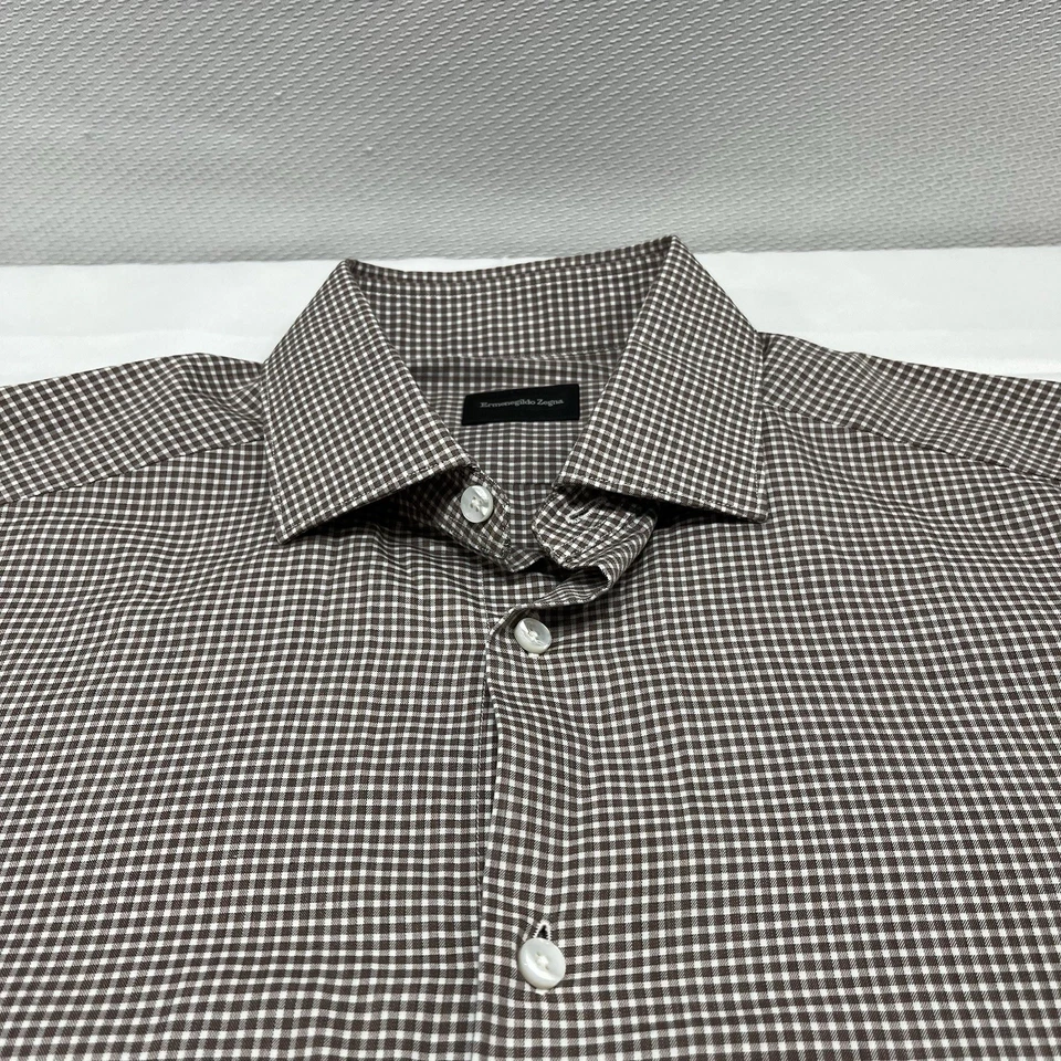 Ermenegildo Zegna Shirt Mens 39 15.5 Gingham Check Dress Long Sleeve Brown White - Image 2 of 4