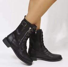 Mid-calf Buckle Decor Side Zip Lace-Up Punk Front Combat Boots Black UK6 EU39