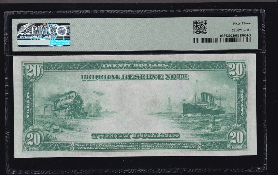US 1914 $20 FRN Boston Note Burke/Houston FR 966 PMG 63 Ch CU (494) - Image 2 of 2