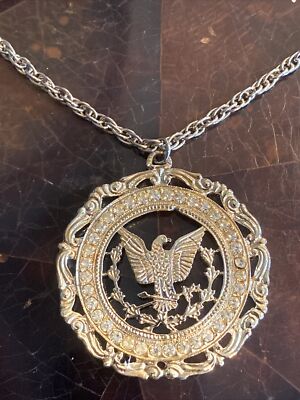 Royal Eagle Pendant 24  Necklace Gold Toned Medallion Clear Rhinestone 2 1/8''