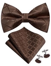Dark Brown Bow Tie Pocket Square Set for Wedding Pre-Tied Plaid Coffee Color ...
