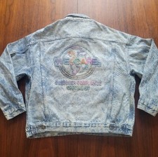 Vintage 90s Acid Wash Trucker Blue Jean Jacket Large We Care Recycling USA Made