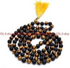 Natural Lava Rock Tiger's Eye Gems Tibet Buddhist 108 Prayer Beads Mala Necklace