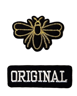 Original Patch Set of 2 Iron On Embroidered Gold Metallic thread Bee  Tab 