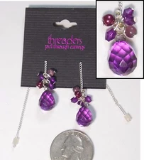 Purple Sim. Crystal Threader Pierced Earrings,Teardrop & Beads, ST Chain, 3" NEW