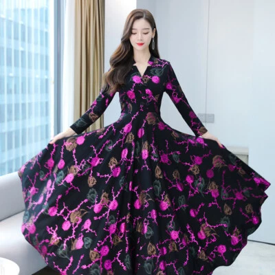 Femme Robe Manches Longues Col V Floral Plissé Swing Bouton Poche Élégant Fête - Photo 1/4