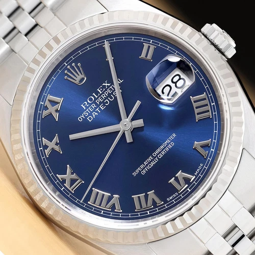 ROLEX MENS DATEJUST 16234 BLUE ROMAN DIAL 18K WHITE GOLD STEEL NO HOLES WATCH