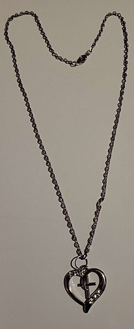 Religious Heart Cross Rhinestone Pendant Necklace with 20 Inch Silver Chain-image