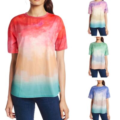 Womens Gradient Tie Dye Blouse Tops Ladies Short Sleeve Casual Loose Tee T-Shirt