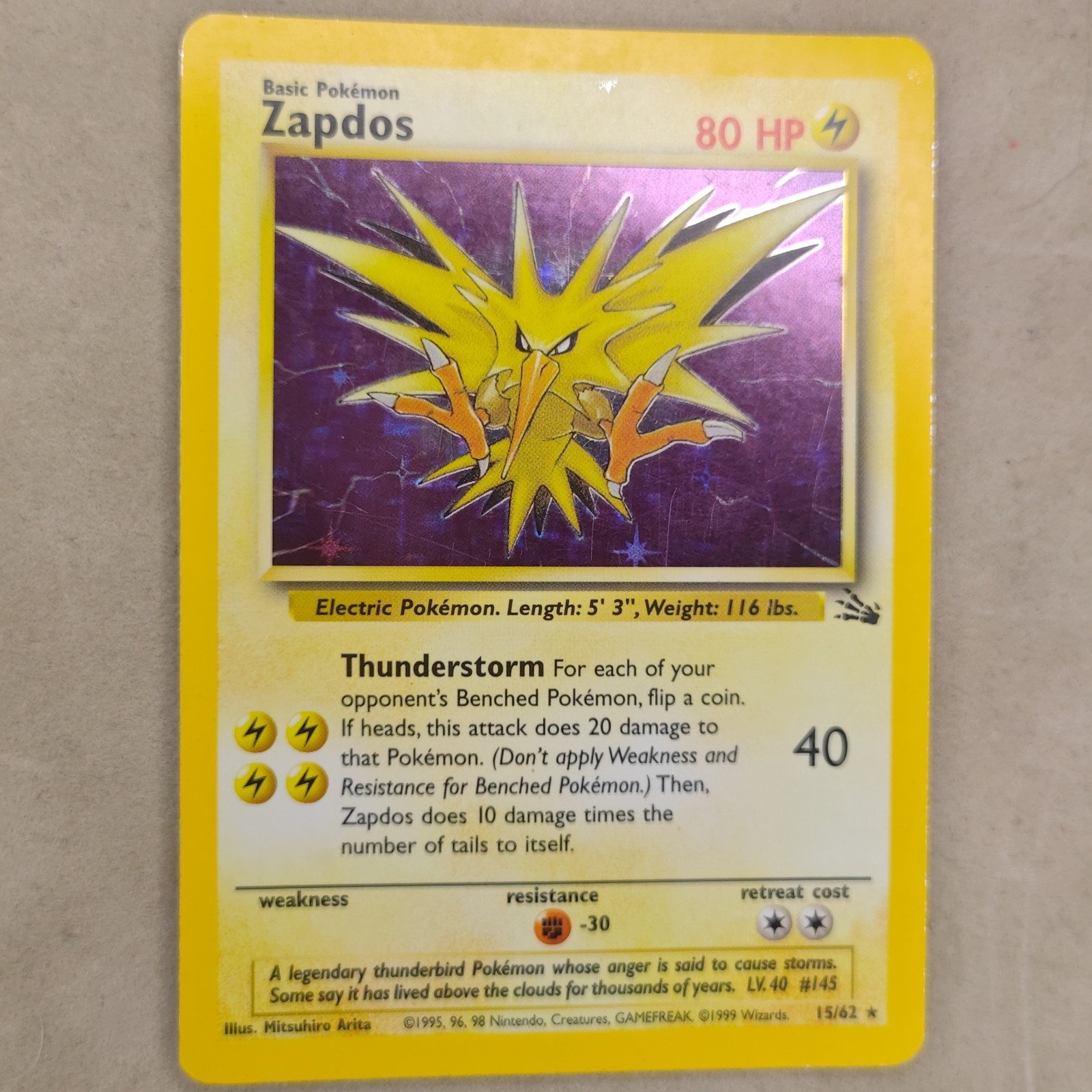 Vintage Pokemon Zapdos 15/62 Fossil Rare Holo WOTC LP Lightly Played 