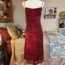1990s Studio Y Red Floral Midi Dress with Tie  Back 
