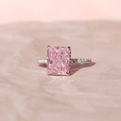 4Ct Baby Pink Crushed Ice Radiant Cut Hidden Halo Engagement Wedding Silver Ring