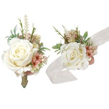 Creamy White Pink Wrist Corsage Boutonniere Set Artificial Rose Wedding Prom