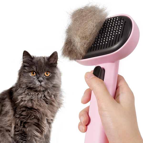 KatzenbüRste Mit AuslöSeknopf FüR Langhaar Kurzhaar Haustier Rosa Fellpflege-image