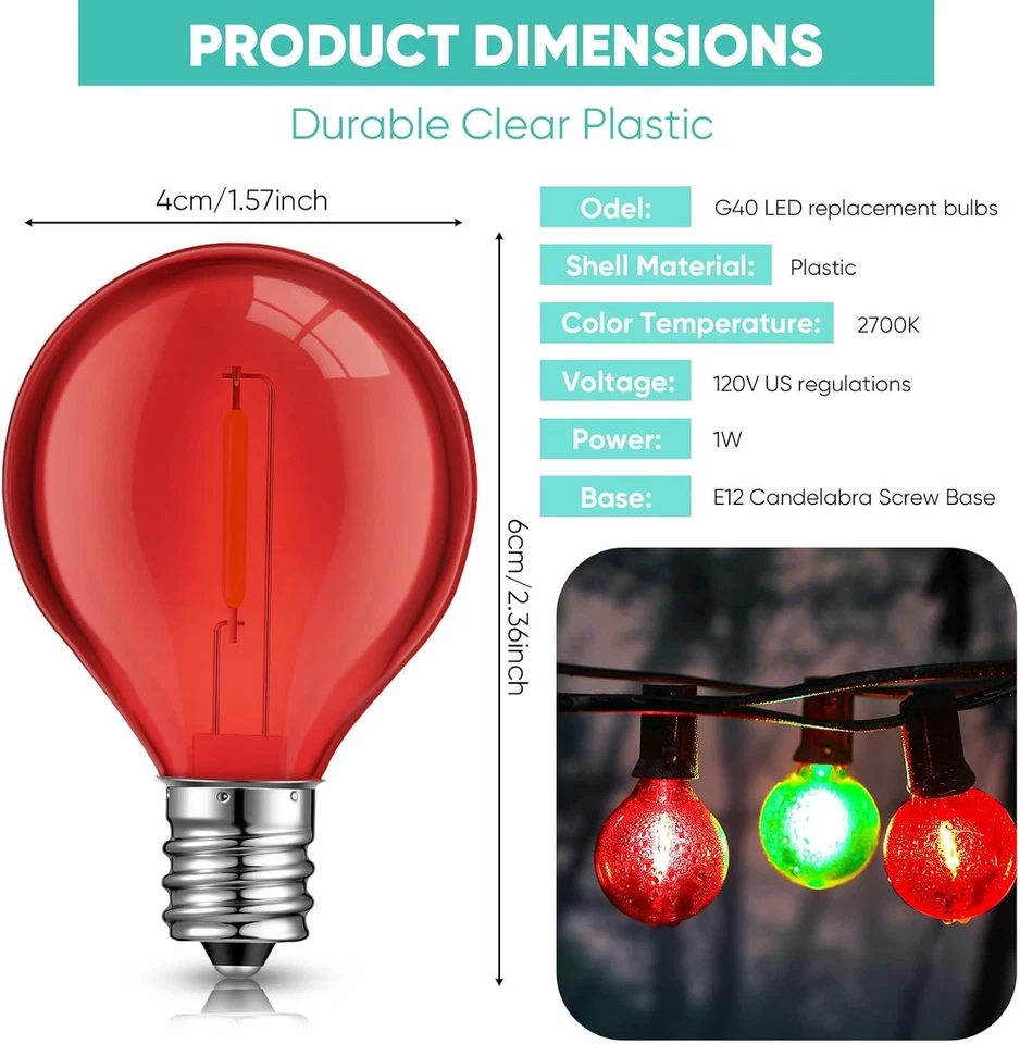 100 Pcs G40 LED Globe Bulbs - Shatterproof 1W Red & Green Lights for Decoration - Image 4 of 4