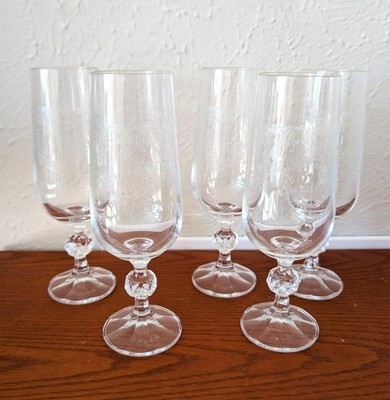 5 VTG Bohemia CASCADE Etched Floral Queens Lace Crystal Champagne Flutes 6 3/4''