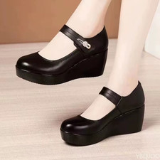 Women Mary Jane Wedges Closed Toe Faux Leather Chunky Heel Ankle Strap Shoes