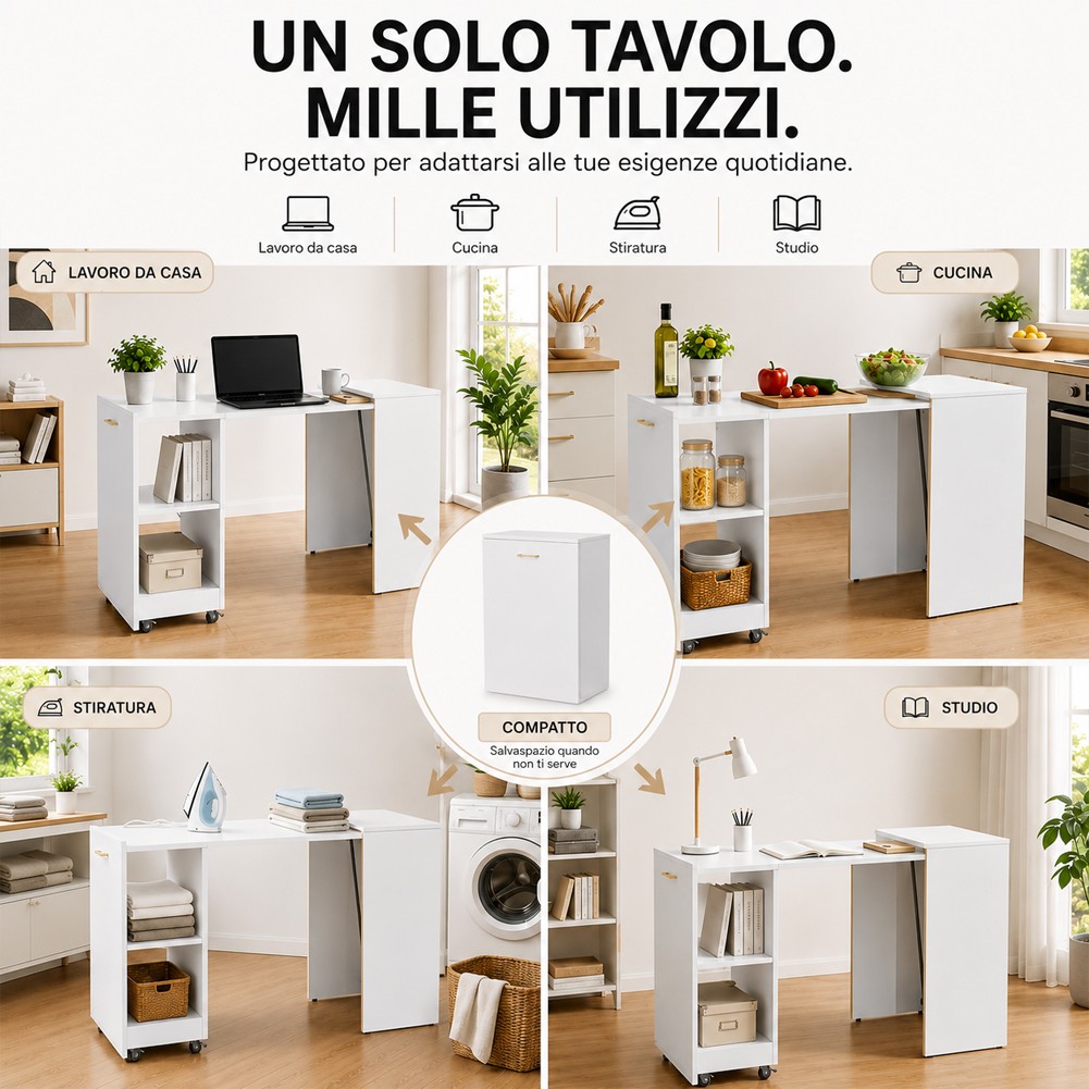 Mobile con Tavolo Scomparsa Bianco Frassinato Richiudibile Salvaspazio Scrivania foto 6