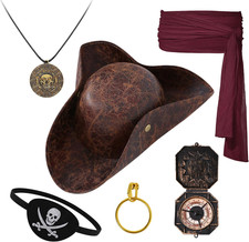 Brown Pirate Tricorn Hat  6Pcs Pirate Accessories Set for Adults