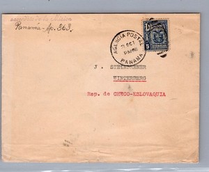 1928 Republic of Panama Postal Stamp Cover To Winterberg Czechslovakia