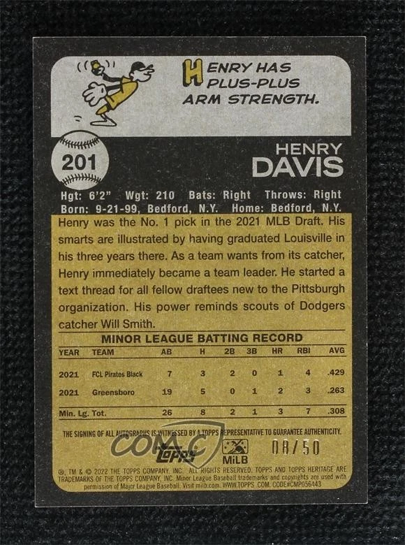 2022 Topps Heritage Minor League Edition Image Variation /50 Henry Davis Auto - Image 2 of 2
