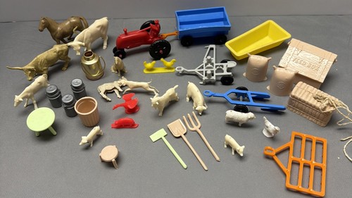 Vintage Plastic Marx Happi Time Farm Animal Lot Feed Box Axe Tractor Plow Wagon